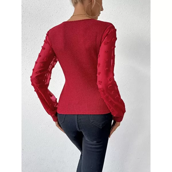 SweatyRocks Women's Long Lantern Sleeve V Neck Wrap Top Swiss Dots Slim Fit Knitted Blouse Shirt