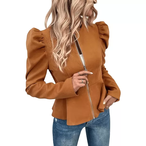 SweatyRocks Women's Long Puff Sleeve Round Neck Coat Flare Hem Full Zip Peplum Jacket