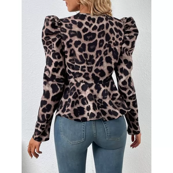 SweatyRocks Women's Long Puff Sleeve Round Neck Coat Flare Hem Full Zip Peplum Jacket