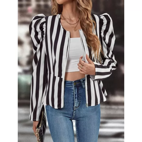 SweatyRocks Women's Long Puff Sleeve Round Neck Coat Flare Hem Full Zip Peplum Jacket