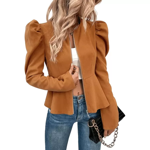 SweatyRocks Women's Long Puff Sleeve Round Neck Coat Flare Hem Full Zip Peplum Jacket