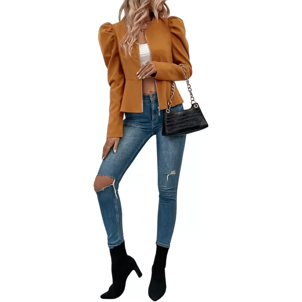 SweatyRocks Women's Long Puff Sleeve Round Neck Coat Flare Hem Full Zip Peplum Jacket