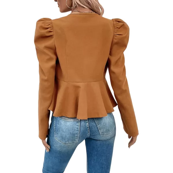 SweatyRocks Women's Long Puff Sleeve Round Neck Coat Flare Hem Full Zip Peplum Jacket