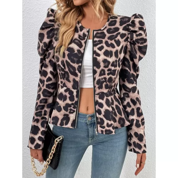 SweatyRocks Women's Long Puff Sleeve Round Neck Coat Flare Hem Full Zip Peplum Jacket