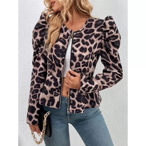 SweatyRocks Women's Long Puff Sleeve Round Neck Coat Flare Hem Full Zip Peplum Jacket