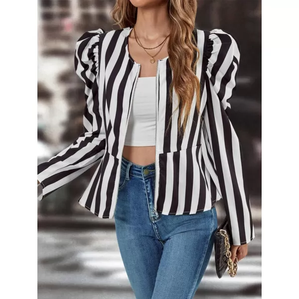 SweatyRocks Women's Long Puff Sleeve Round Neck Coat Flare Hem Full Zip Peplum Jacket