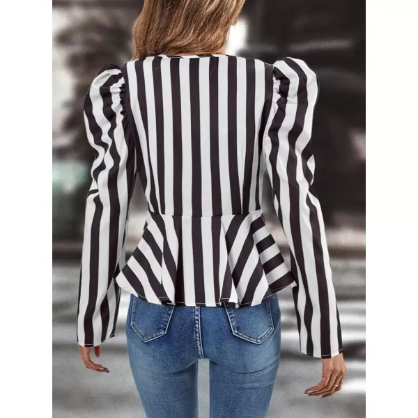 SweatyRocks Women's Long Puff Sleeve Round Neck Coat Flare Hem Full Zip Peplum Jacket