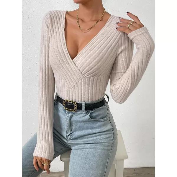 SweatyRocks Women's Long Sleeve Bodysuit Tops Wrap V Neck Ribbed Knit Jumpsuit