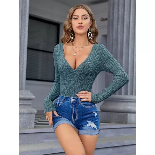 SweatyRocks Women's Long Sleeve Bodysuit Tops Wrap V Neck Ribbed Knit Jumpsuit