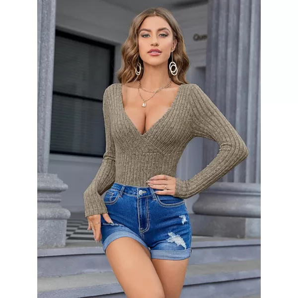 SweatyRocks Women's Long Sleeve Bodysuit Tops Wrap V Neck Ribbed Knit Jumpsuit