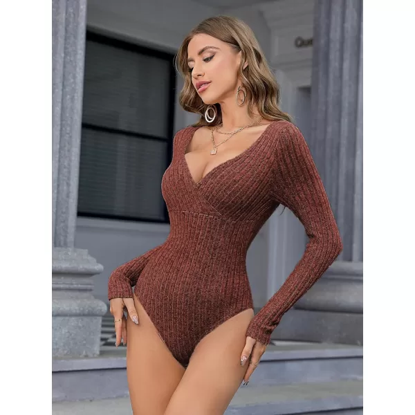 SweatyRocks Women's Long Sleeve Bodysuit Tops Wrap V Neck Ribbed Knit Jumpsuit