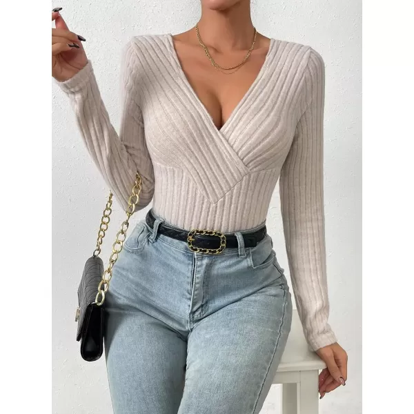 SweatyRocks Women's Long Sleeve Bodysuit Tops Wrap V Neck Ribbed Knit Jumpsuit
