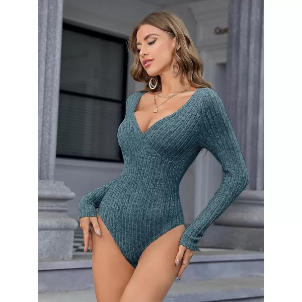 SweatyRocks Women's Long Sleeve Bodysuit Tops Wrap V Neck Ribbed Knit Jumpsuit