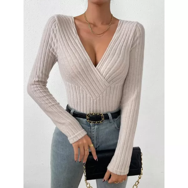 SweatyRocks Women's Long Sleeve Bodysuit Tops Wrap V Neck Ribbed Knit Jumpsuit