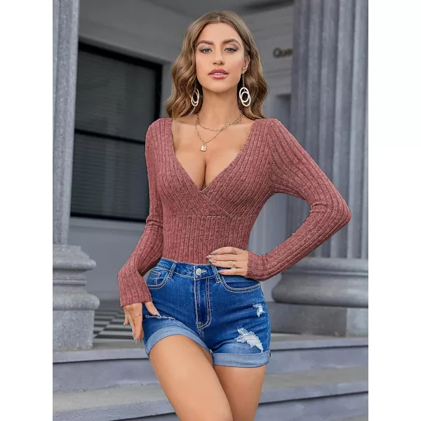 SweatyRocks Women's Long Sleeve Bodysuit Tops Wrap V Neck Ribbed Knit Jumpsuit