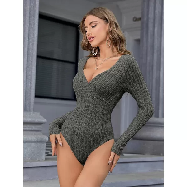 SweatyRocks Women's Long Sleeve Bodysuit Tops Wrap V Neck Ribbed Knit Jumpsuit