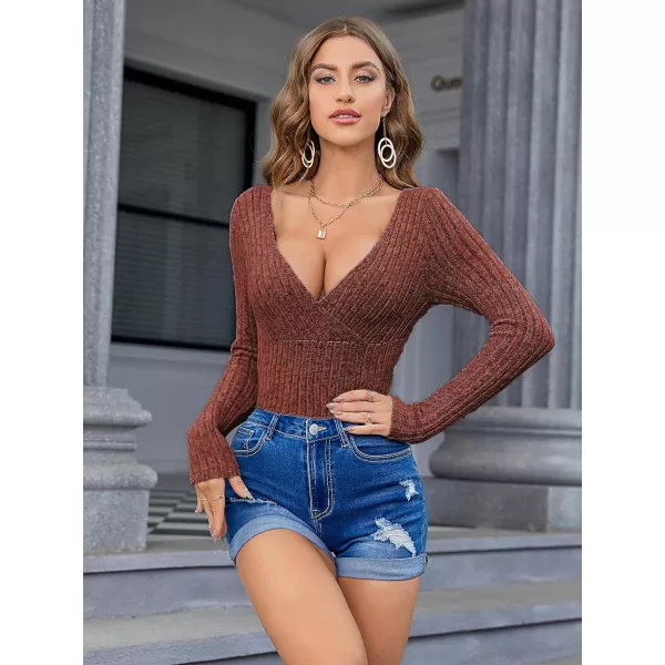 SweatyRocks Women's Long Sleeve Bodysuit Tops Wrap V Neck Ribbed Knit Jumpsuit