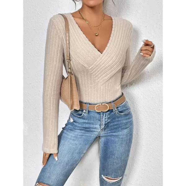 SweatyRocks Women's Long Sleeve Bodysuit Tops Wrap V Neck Ribbed Knit Jumpsuit