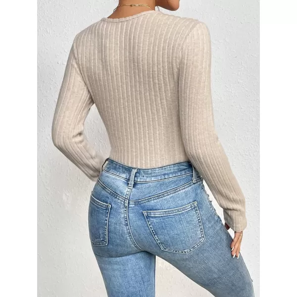 SweatyRocks Women's Long Sleeve Bodysuit Tops Wrap V Neck Ribbed Knit Jumpsuit