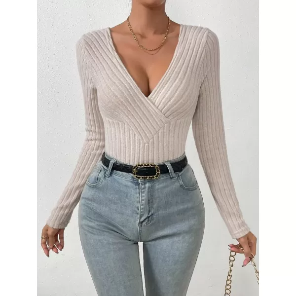 SweatyRocks Women's Long Sleeve Bodysuit Tops Wrap V Neck Ribbed Knit Jumpsuit