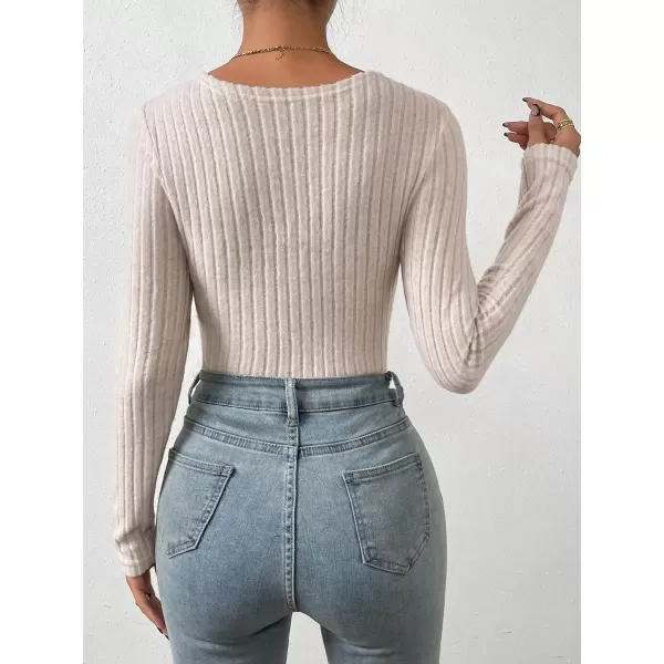 SweatyRocks Women's Long Sleeve Bodysuit Tops Wrap V Neck Ribbed Knit Jumpsuit