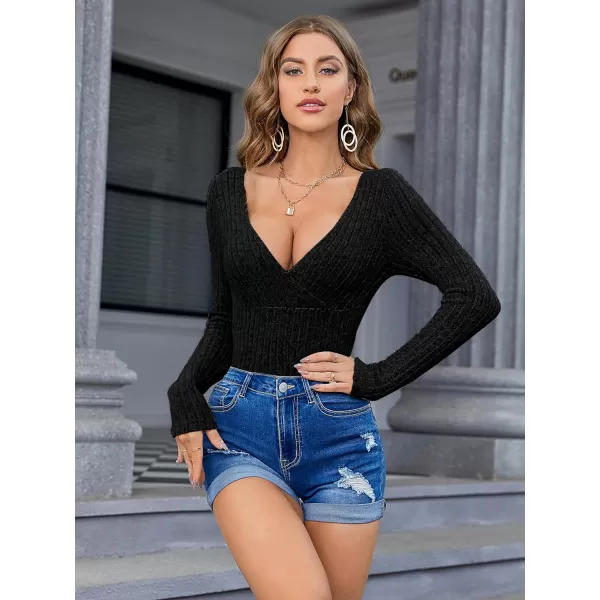 SweatyRocks Women's Long Sleeve Bodysuit Tops Wrap V Neck Ribbed Knit Jumpsuit