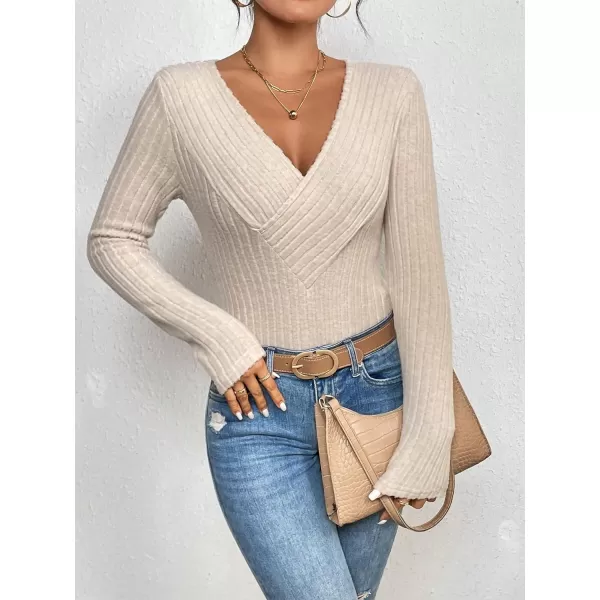 SweatyRocks Women's Long Sleeve Bodysuit Tops Wrap V Neck Ribbed Knit Jumpsuit
