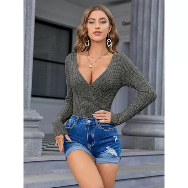SweatyRocks Women's Long Sleeve Bodysuit Tops Wrap V Neck Ribbed Knit Jumpsuit