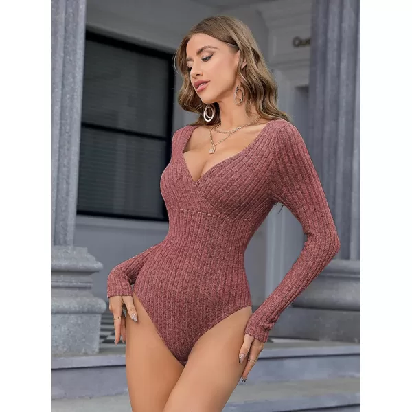SweatyRocks Women's Long Sleeve Bodysuit Tops Wrap V Neck Ribbed Knit Jumpsuit