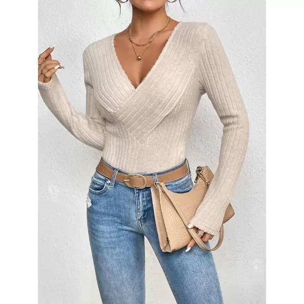 SweatyRocks Women's Long Sleeve Bodysuit Tops Wrap V Neck Ribbed Knit Jumpsuit