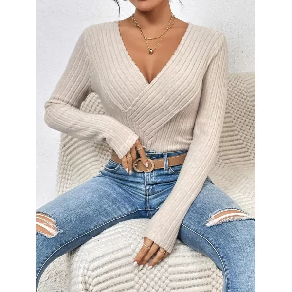 SweatyRocks Women's Long Sleeve Bodysuit Tops Wrap V Neck Ribbed Knit Jumpsuit
