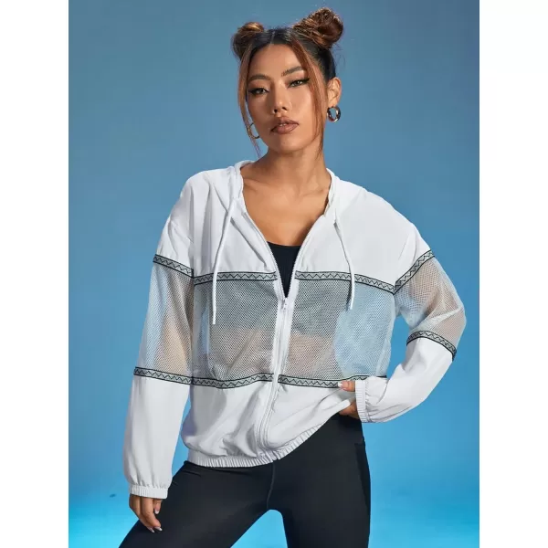 SweatyRocks Women's Long Sleeve Drawstring Activewear Hooded Contrast Mesh Zip Up Sports Jacket Coat
