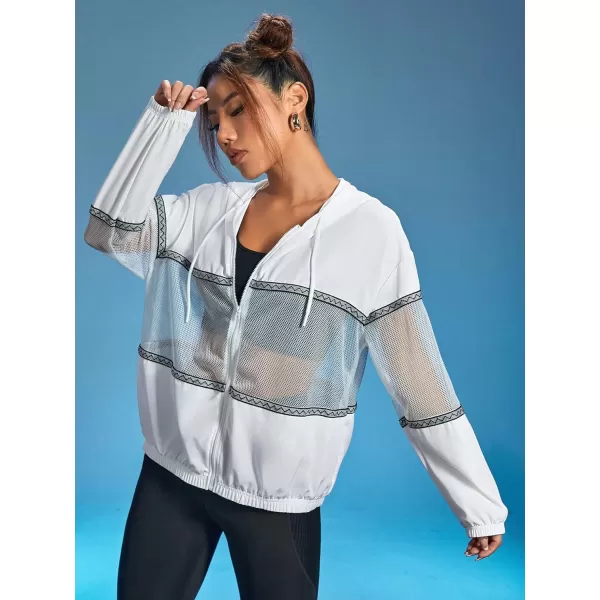 SweatyRocks Women's Long Sleeve Drawstring Activewear Hooded Contrast Mesh Zip Up Sports Jacket Coat