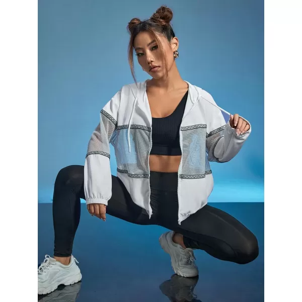 SweatyRocks Women's Long Sleeve Drawstring Activewear Hooded Contrast Mesh Zip Up Sports Jacket Coat