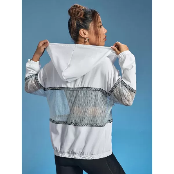 SweatyRocks Women's Long Sleeve Drawstring Activewear Hooded Contrast Mesh Zip Up Sports Jacket Coat