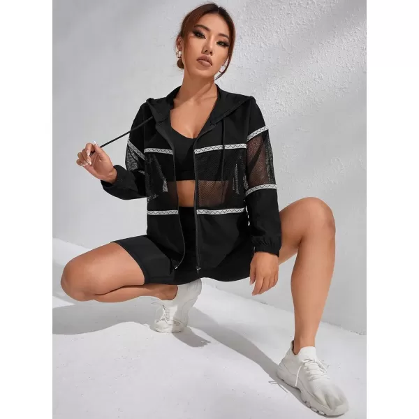 SweatyRocks Women's Long Sleeve Drawstring Activewear Hooded Contrast Mesh Zip Up Sports Jacket Coat