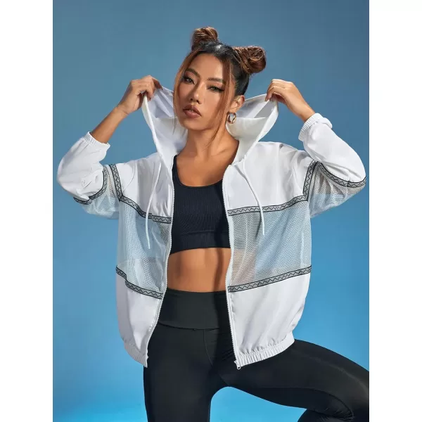 SweatyRocks Women's Long Sleeve Drawstring Activewear Hooded Contrast Mesh Zip Up Sports Jacket Coat