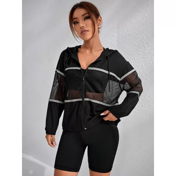 SweatyRocks Women's Long Sleeve Drawstring Activewear Hooded Contrast Mesh Zip Up Sports Jacket Coat