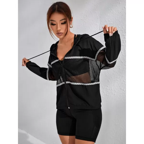 SweatyRocks Women's Long Sleeve Drawstring Activewear Hooded Contrast Mesh Zip Up Sports Jacket Coat