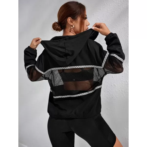 SweatyRocks Women's Long Sleeve Drawstring Activewear Hooded Contrast Mesh Zip Up Sports Jacket Coat