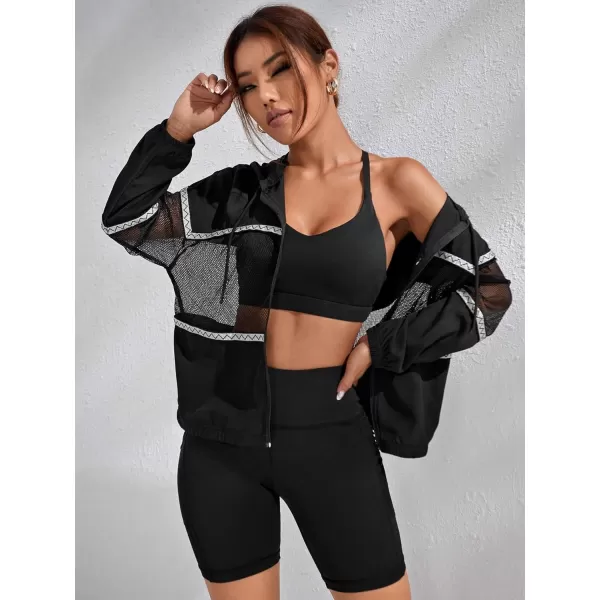 SweatyRocks Women's Long Sleeve Drawstring Activewear Hooded Contrast Mesh Zip Up Sports Jacket Coat