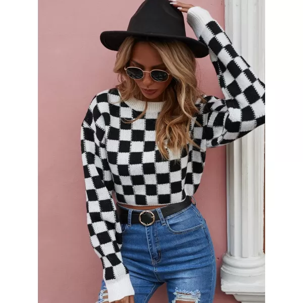 SweatyRocks Women's Long Sleeve Drop Shoulder Top Checkered Print Pattern Pullover Crop Sweater