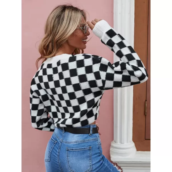 SweatyRocks Women's Long Sleeve Drop Shoulder Top Checkered Print Pattern Pullover Crop Sweater
