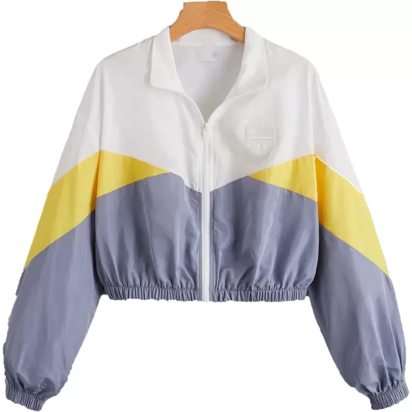 SweatyRocks Women's Long Sleeve Full Zip Cropped Jacket Color Block Windbreaker Coat