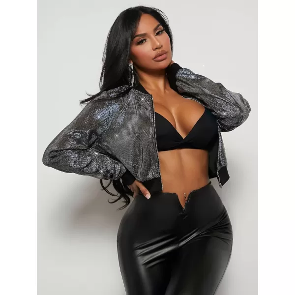 SweatyRocks Women's Long Sleeve Glitter Zip Up Bomber Jacket Party Metallic Crop Coat