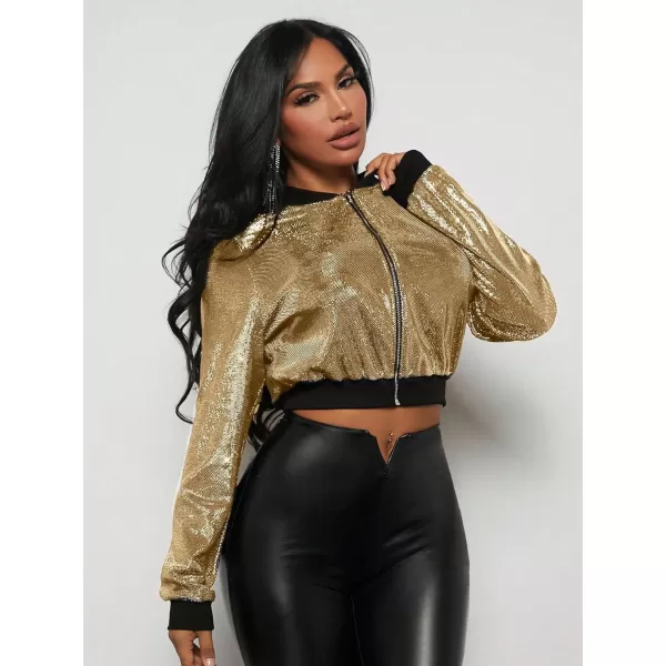 SweatyRocks Women's Long Sleeve Glitter Zip Up Bomber Jacket Party Metallic Crop Coat