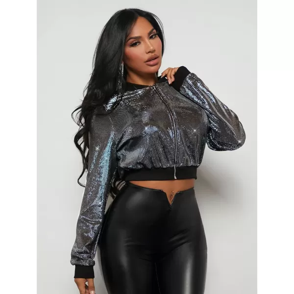 SweatyRocks Women's Long Sleeve Glitter Zip Up Bomber Jacket Party Metallic Crop Coat