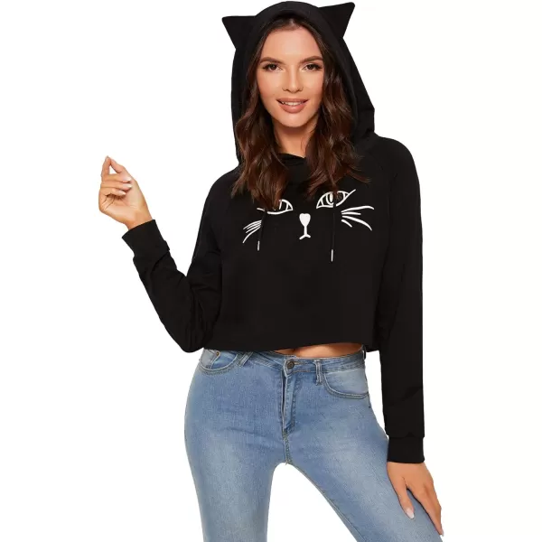 SweatyRocks Women's Long Sleeve Hoodie Crop Top Cat Print Sweatshirt
