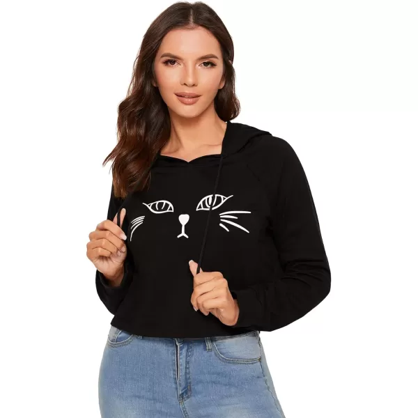 SweatyRocks Women's Long Sleeve Hoodie Crop Top Cat Print Sweatshirt