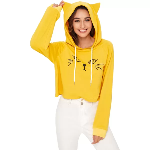 SweatyRocks Women's Long Sleeve Hoodie Crop Top Cat Print Sweatshirt